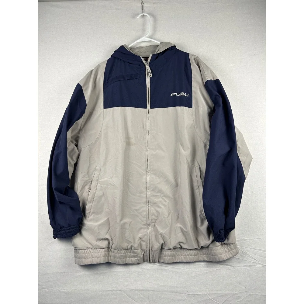 Vintage FUBU Windbreaker Jacket Mens Medium Grey Navy Blue Colorblock Full Zip